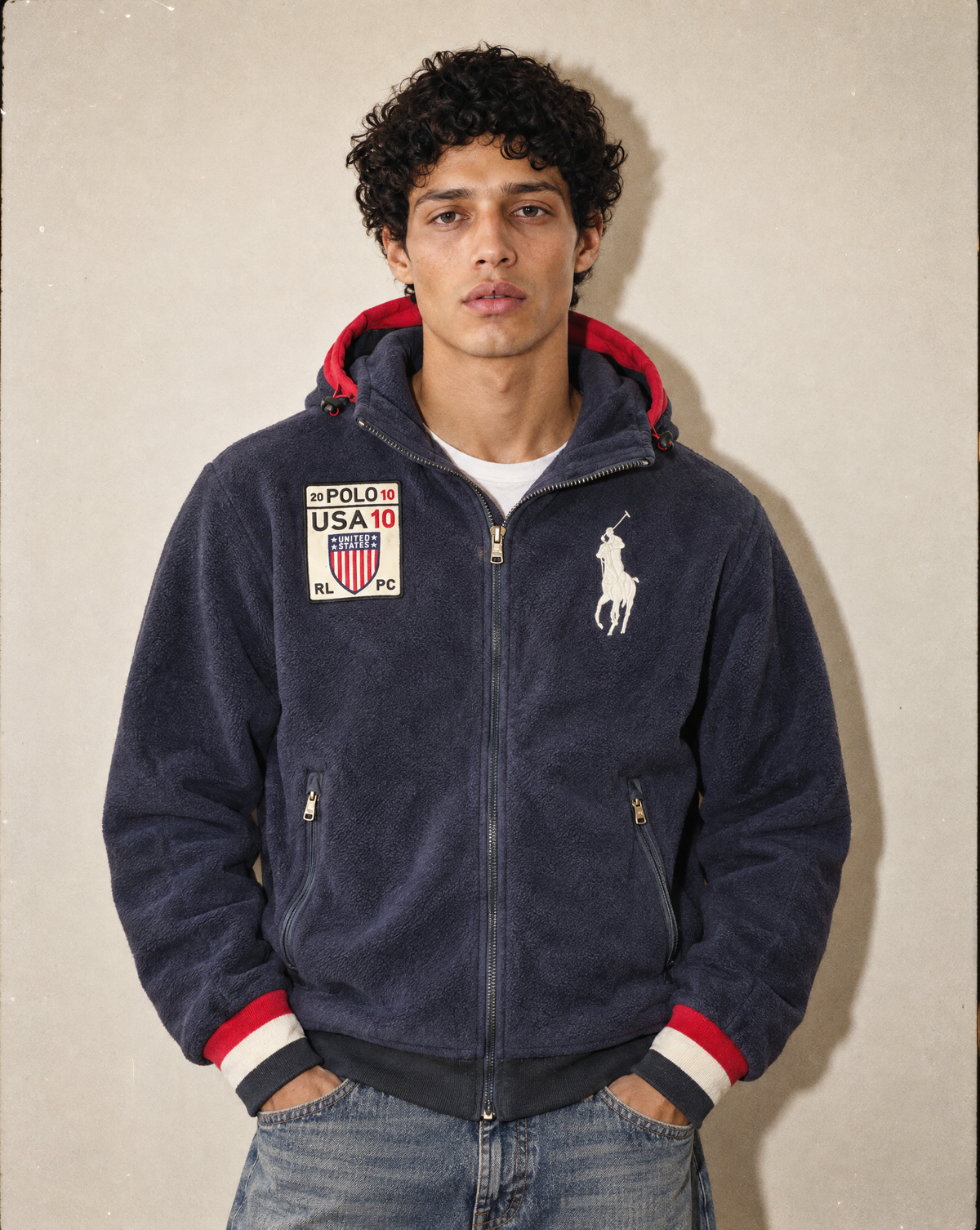 A man wearing a navy blue fleece zip-up hoodie with red and white accents, featuring the Polo Ralph Lauren logo and a USA 10 patch, paired with blue jeans against a neutral beige background.
