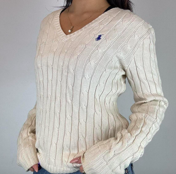 Vintage Ralph Lauren Cable Knit Jumper - V Neck