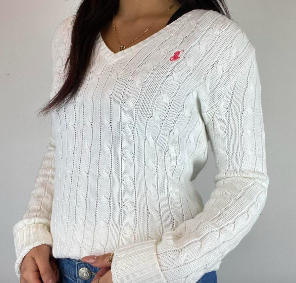 Vintage Ralph Lauren Cable Knit Jumper - V Neck