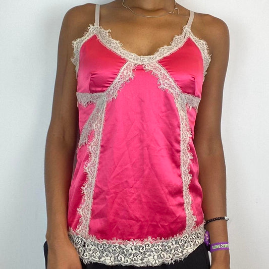 pink satin lace trim cami top