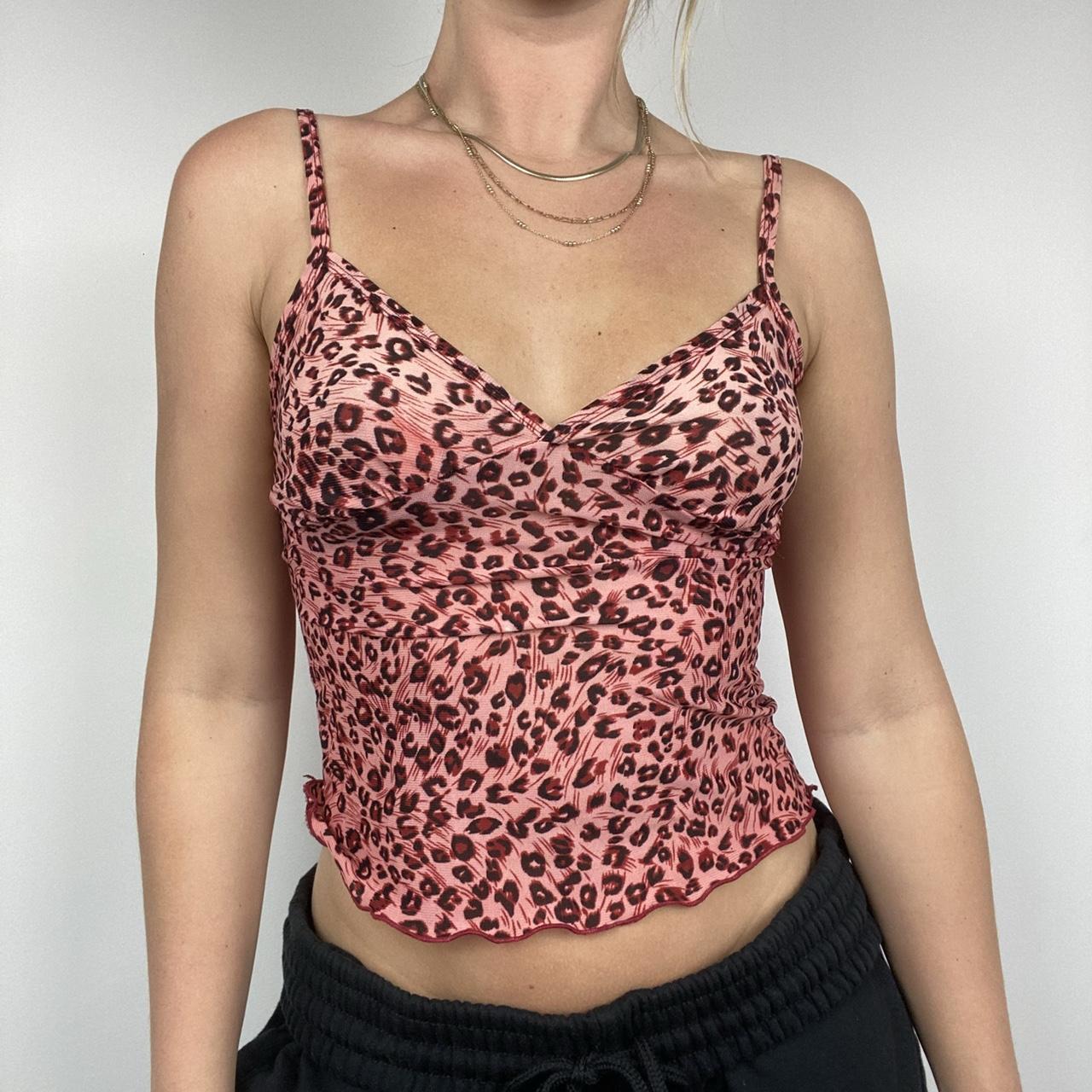 Red leopard print mesh cami top