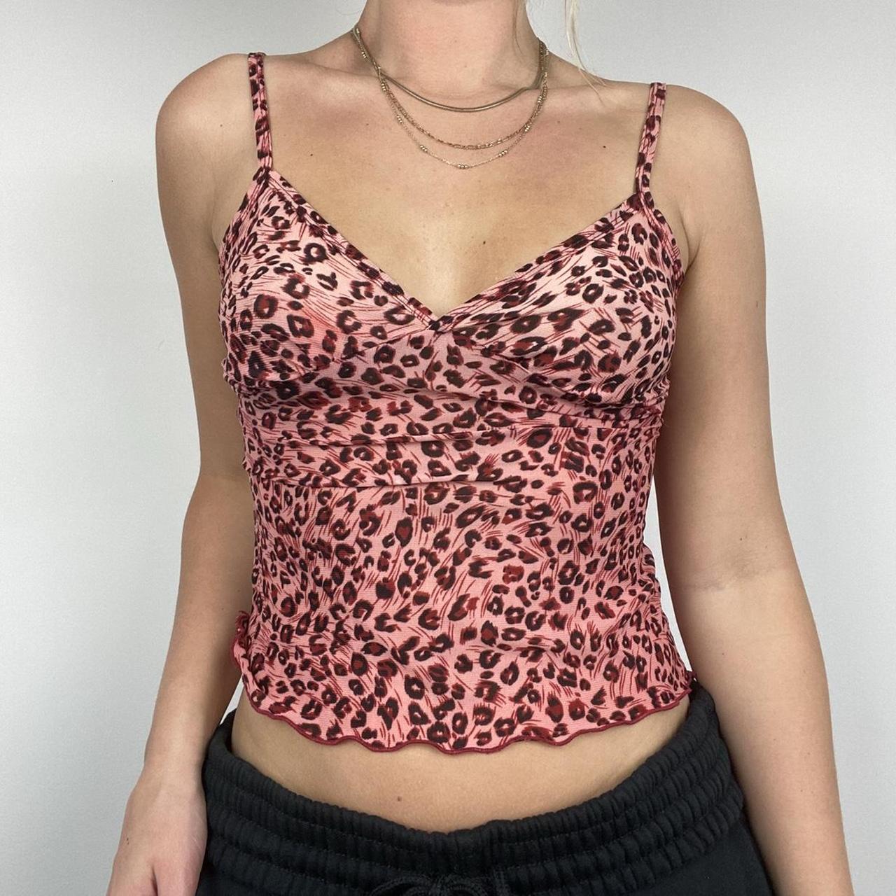 Red leopard print mesh cami top