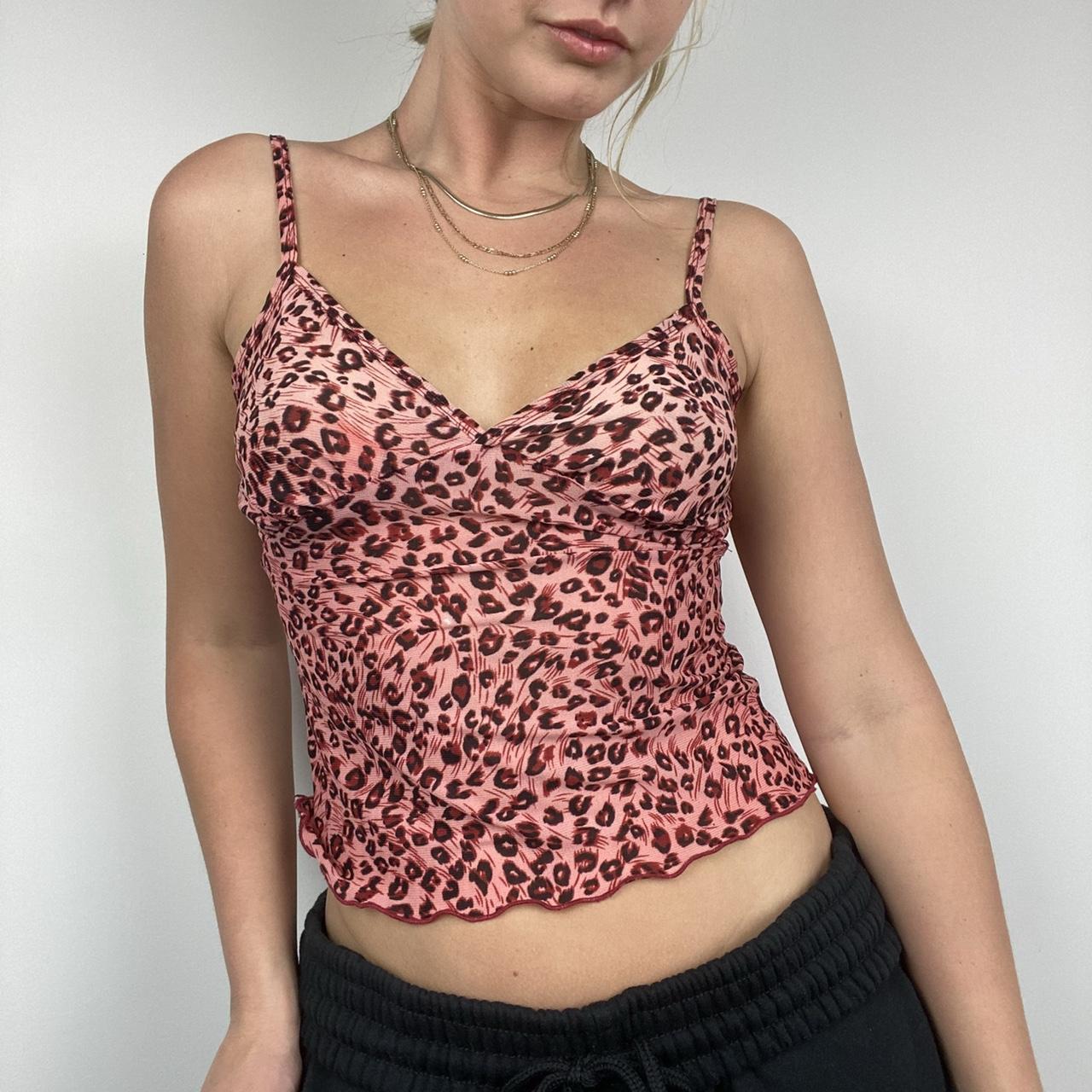 Red leopard print mesh cami top