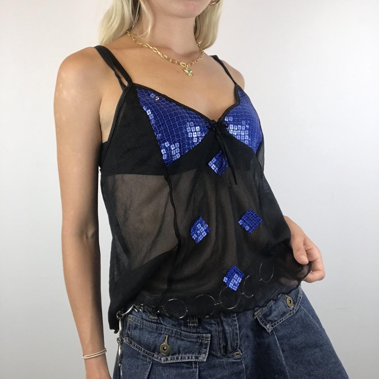 Black mesh cami vest top with blue sequin detailing