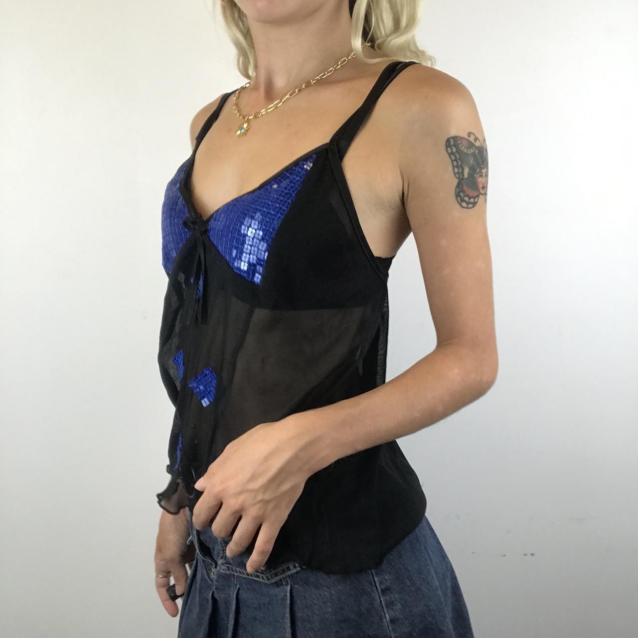 Black mesh cami vest top with blue sequin detailing