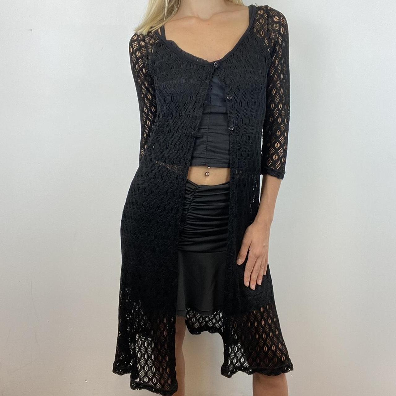 Black crochet lace button up long cardigan