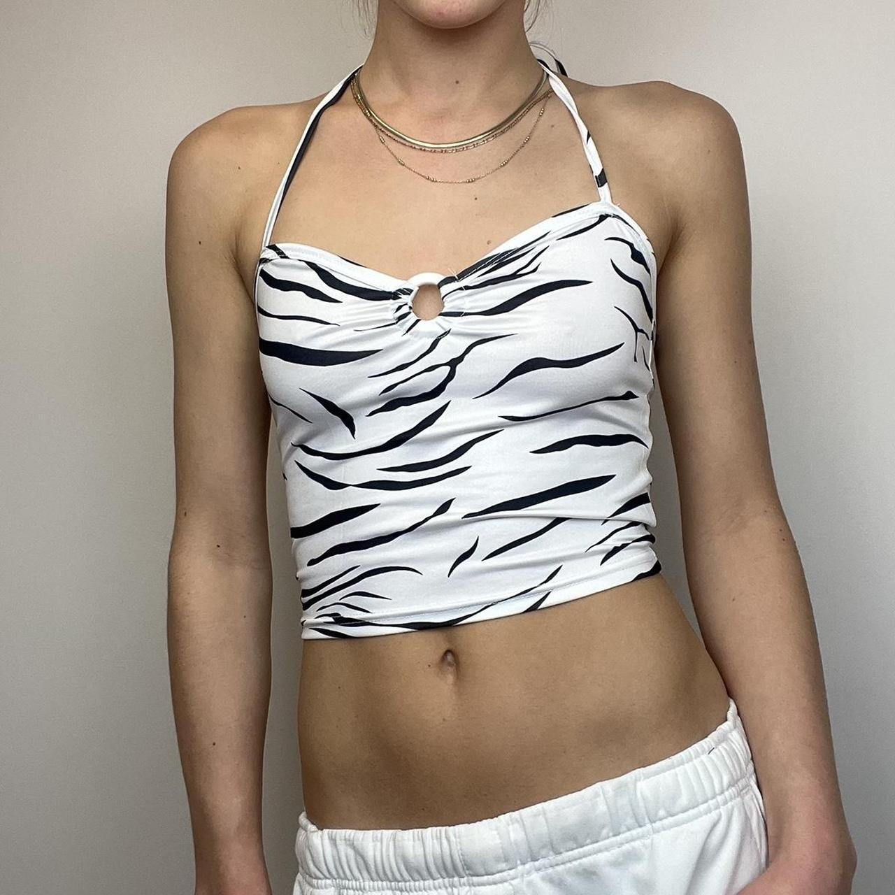 White zebra print o ring cut out halter neck cami