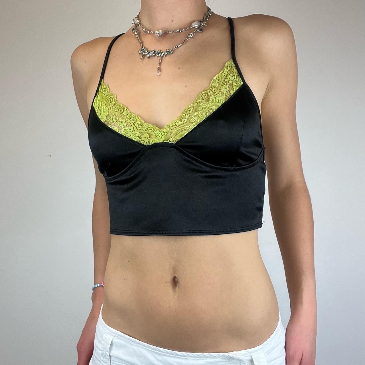 Satin cami with line green lace detail