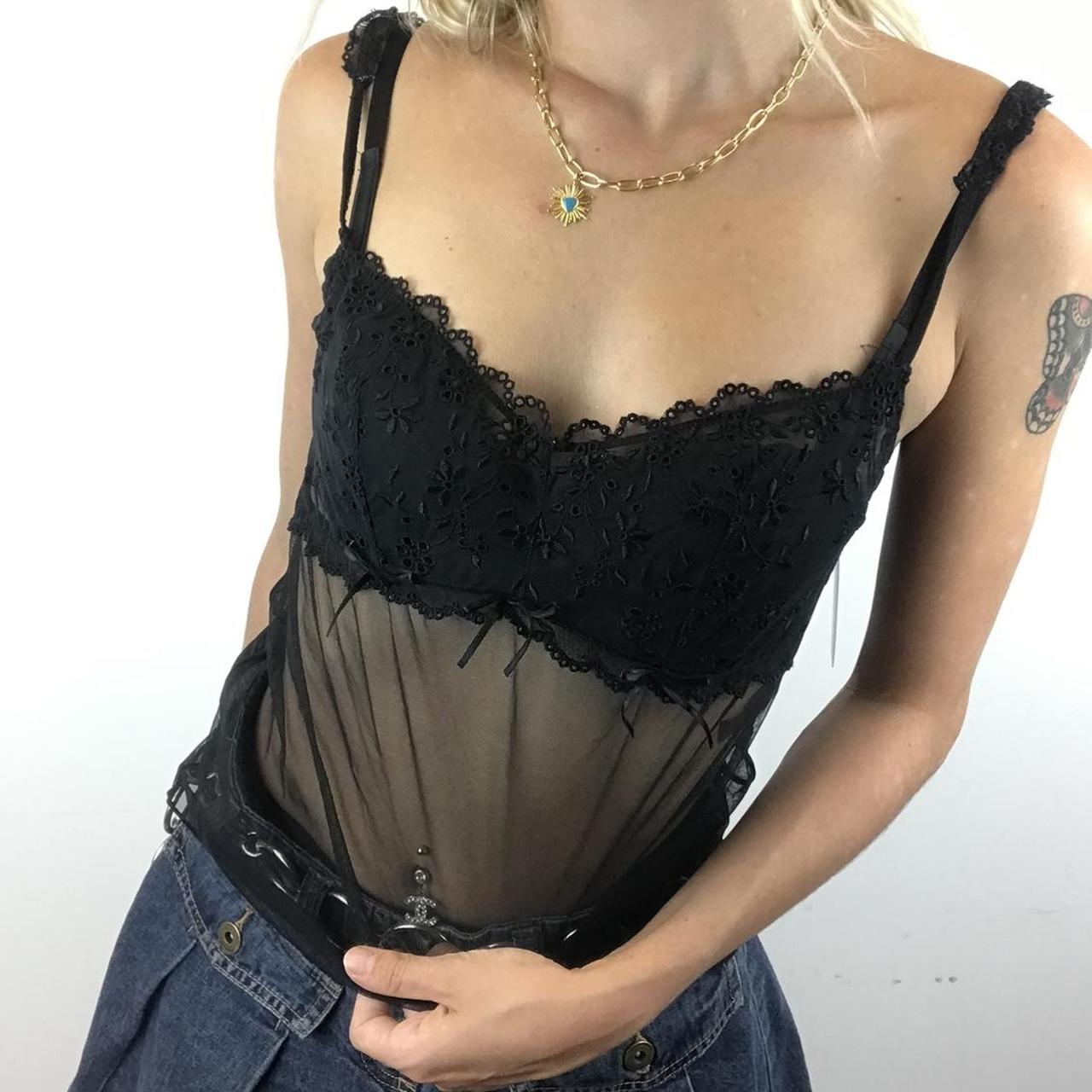 Black mesh cami vest top with bow detailing