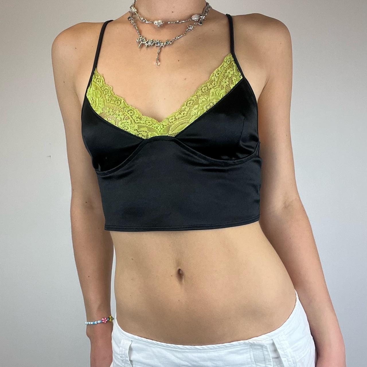 Satin cami with line green lace detail