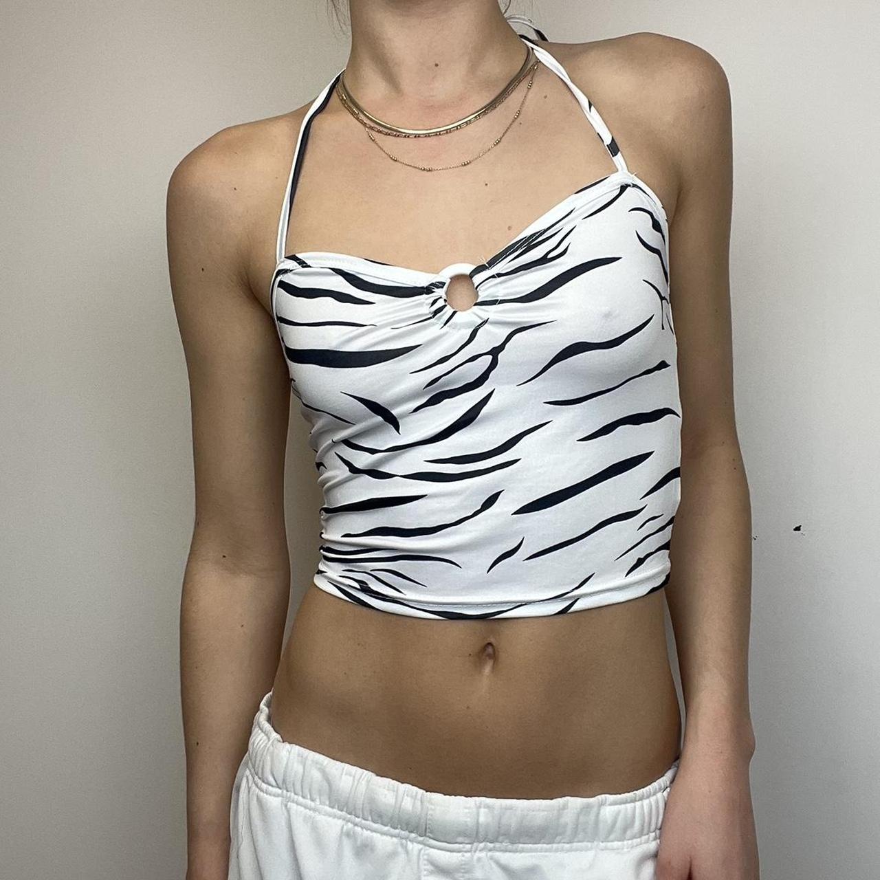 White zebra print o ring cut out halter neck cami