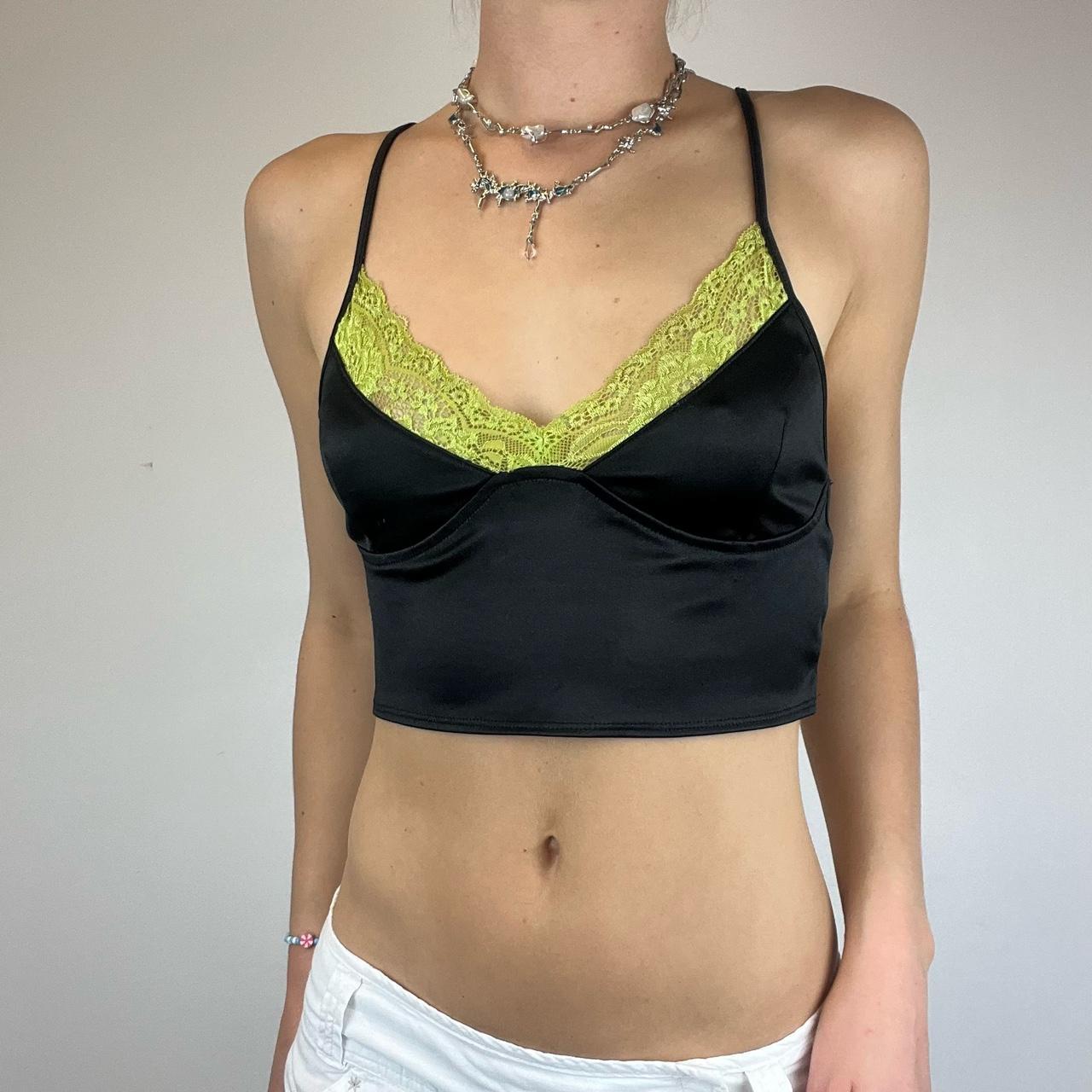 Satin cami with line green lace detail